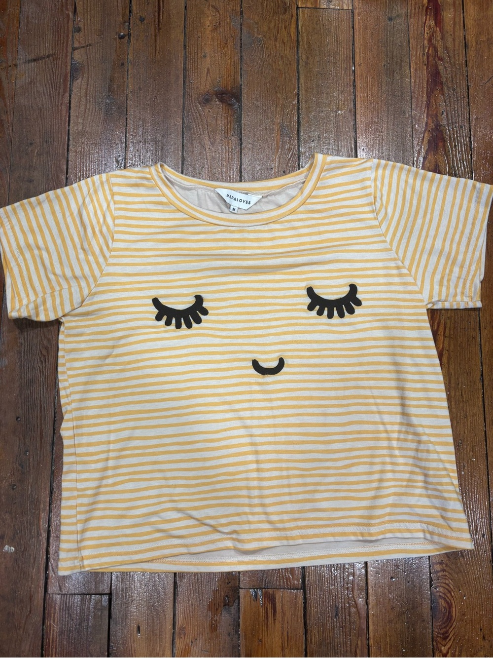 Yellow Striped Short Sleeve Tee with Cute Face Graphic